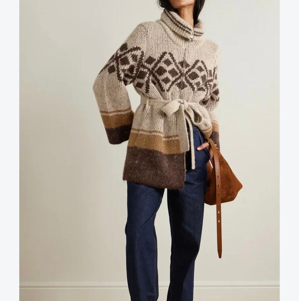 FRAME Belted Jacquard Knit Alpaca Blend Cardigan Sweater M